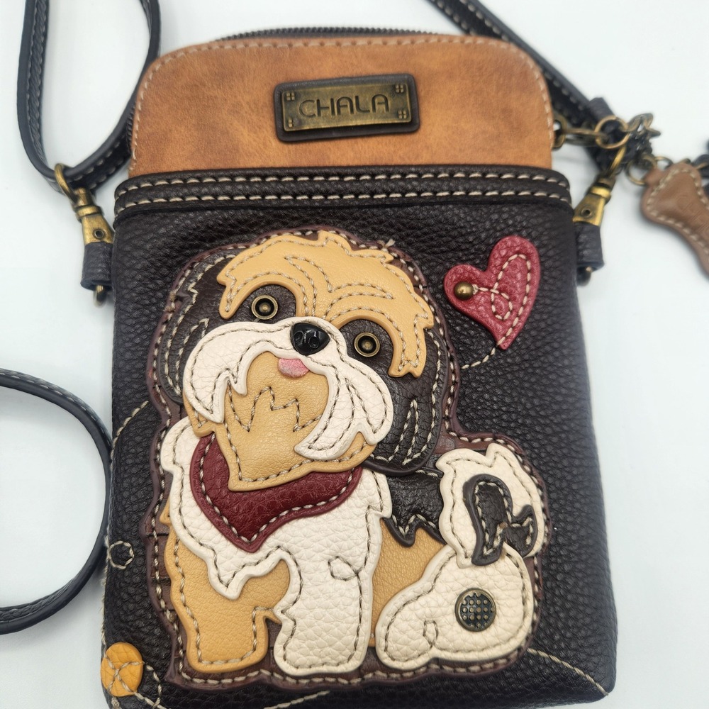 Chala Shih Tzu Dog Crossbody Cell Phone Purse Brown Faux Leather Patchwork Bag
